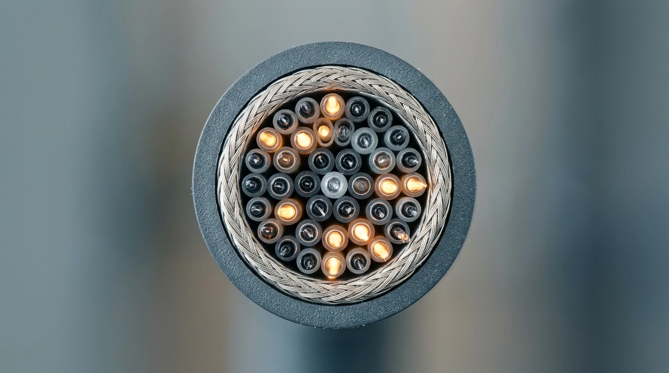 Corte transversal de cable de fibra óptica mostrando núcleos de vidrio.